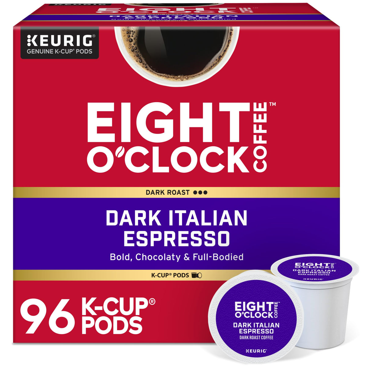 Eight O'Clock Dark Italian Roast K-Cup pod on display for bold espresso flavor