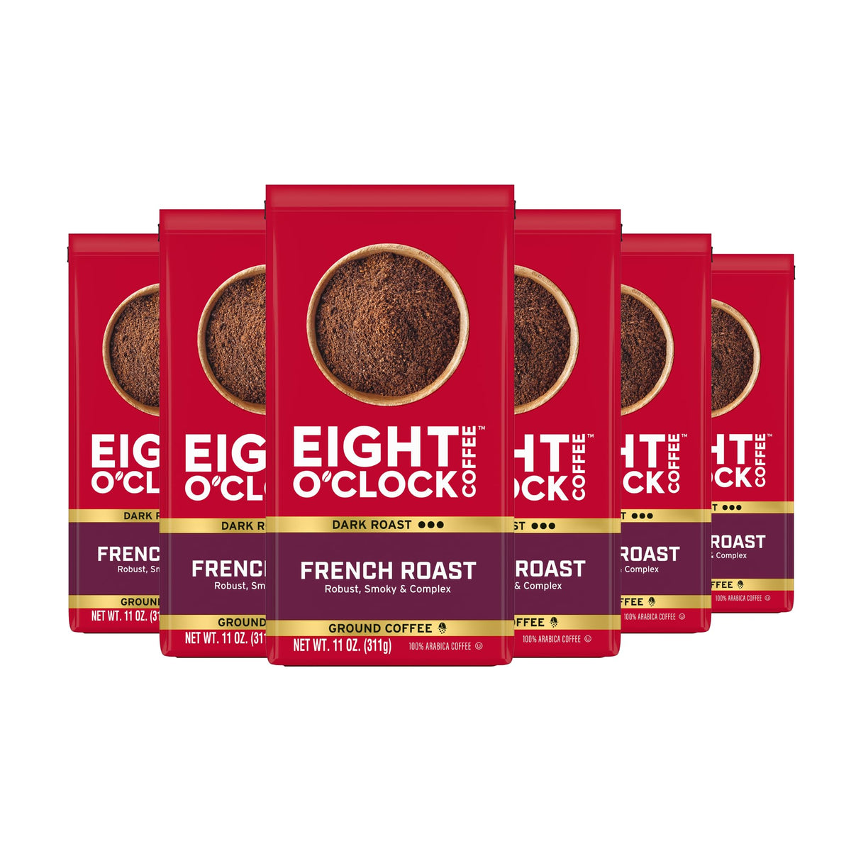 Eight O'Clock Coffee French Roast ground coffee pack front, rich aroma for morning rituals.