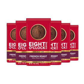 Eight O'Clock Coffee French Roast ground coffee pack front, rich aroma for morning rituals.