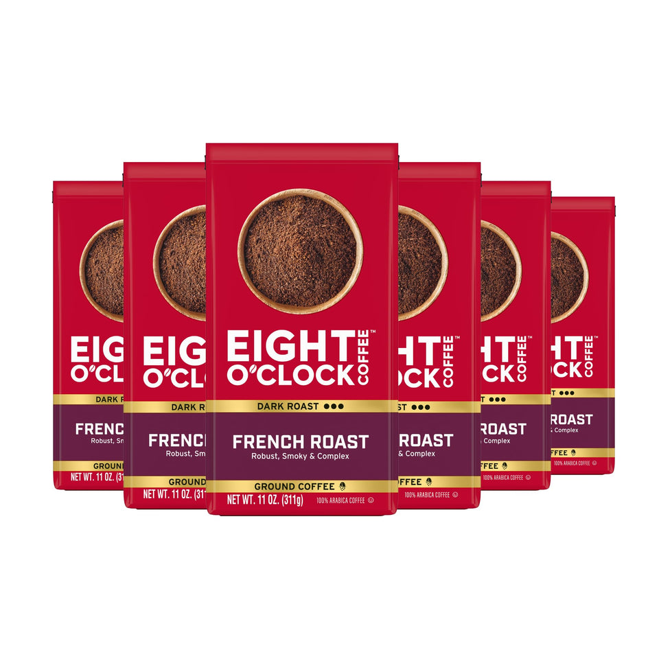 Eight O'Clock Coffee French Roast ground coffee pack front, rich aroma for morning rituals.