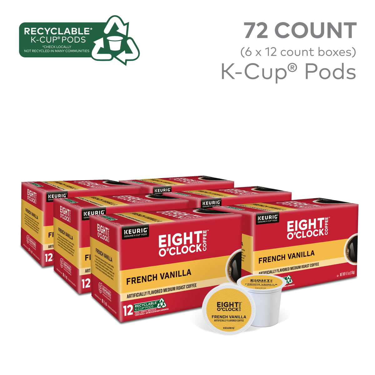 Eight O'Clock Coffee French Vanilla box front with 72-count packaging