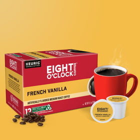 Morning routine with Eight O'Clock French Vanilla coffee