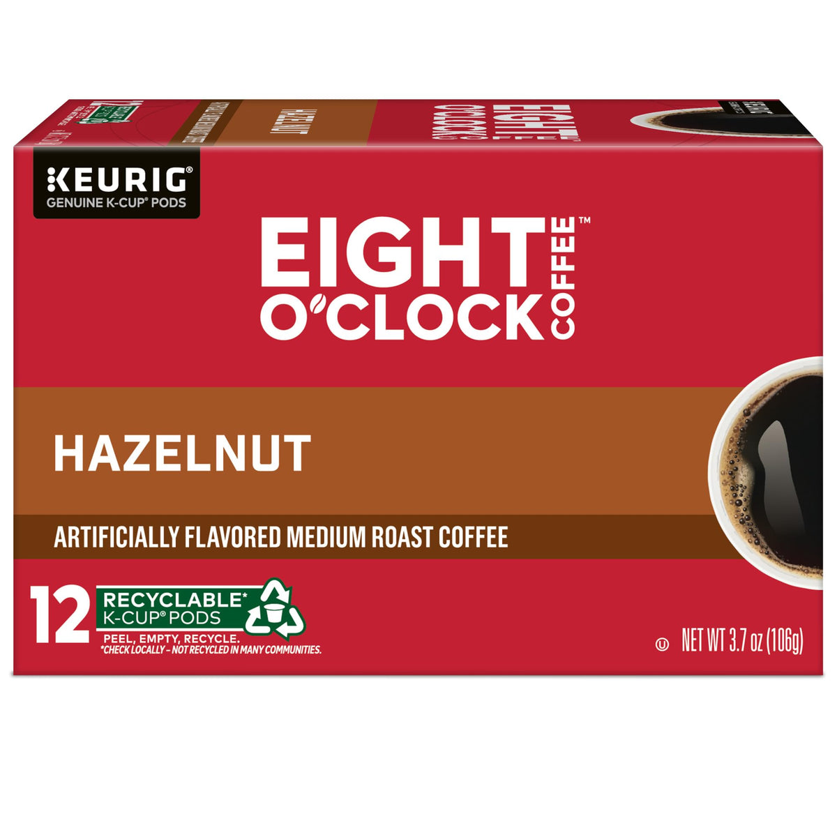 Closeup of Eight O'Clock Hazelnut label on a pod