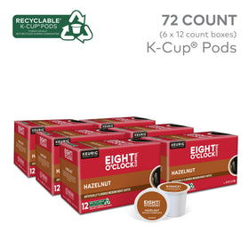 Packaging front of Eight O'Clock Hazelnut K-Cup blend highlighting value