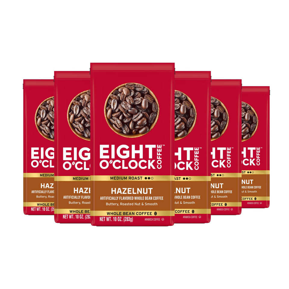 Eight O'Clock Hazelnut pack-of-6 delivers consistent medium roast for easy mornings.