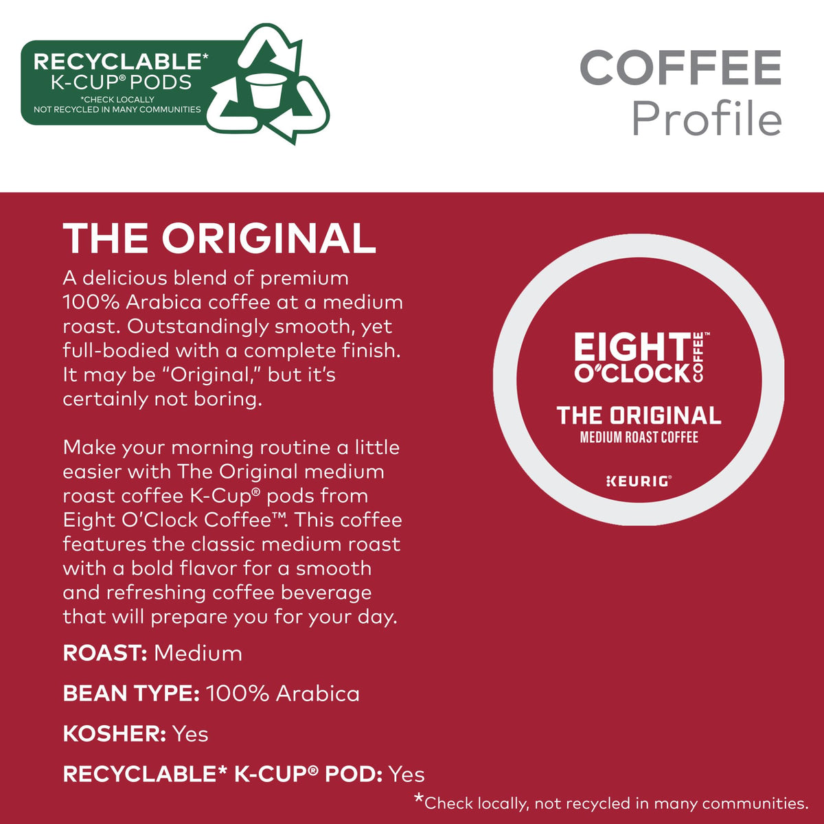 Eight O'Clock Original Medium Roast K-Cup pods arranged for easy grab-and-go mornings