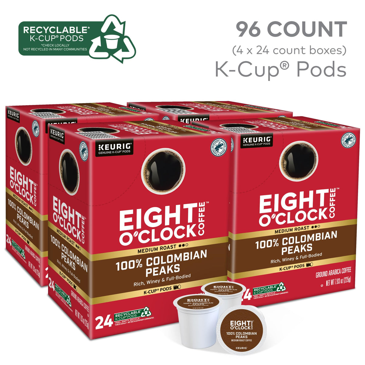 Medium roast Eight O'Clock coffee in a 96-count box concept.