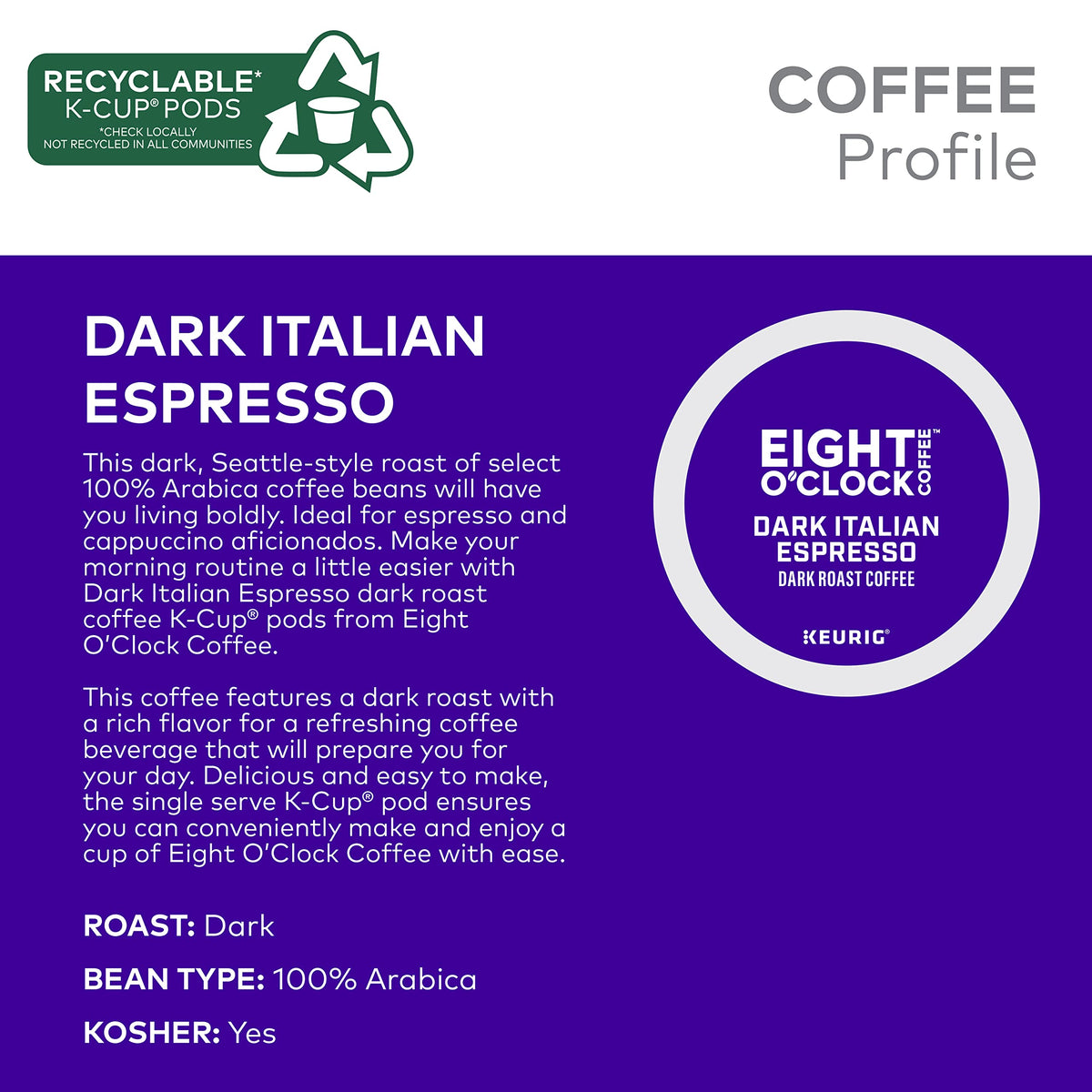 Eight O'Clock Dark Italian Espresso Roast pod pack on a kitchen counter for daily brew.