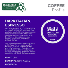 Eight O'Clock Dark Italian Espresso Roast pod pack on a kitchen counter for daily brew.