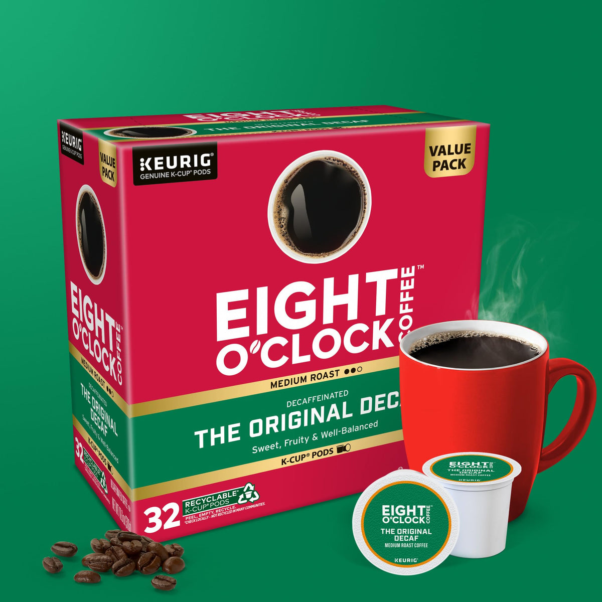 Eight O'Clock Original Decaf close-up of K-Cup packaging and barcode.