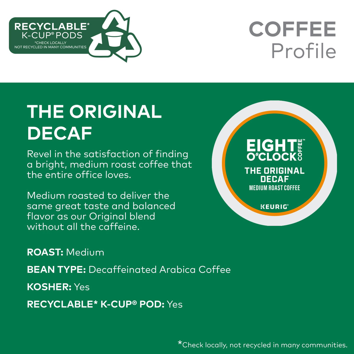 Eight O'Clock Original Decaf coffee beans close-up, highlighting 100% Arabica quality.
