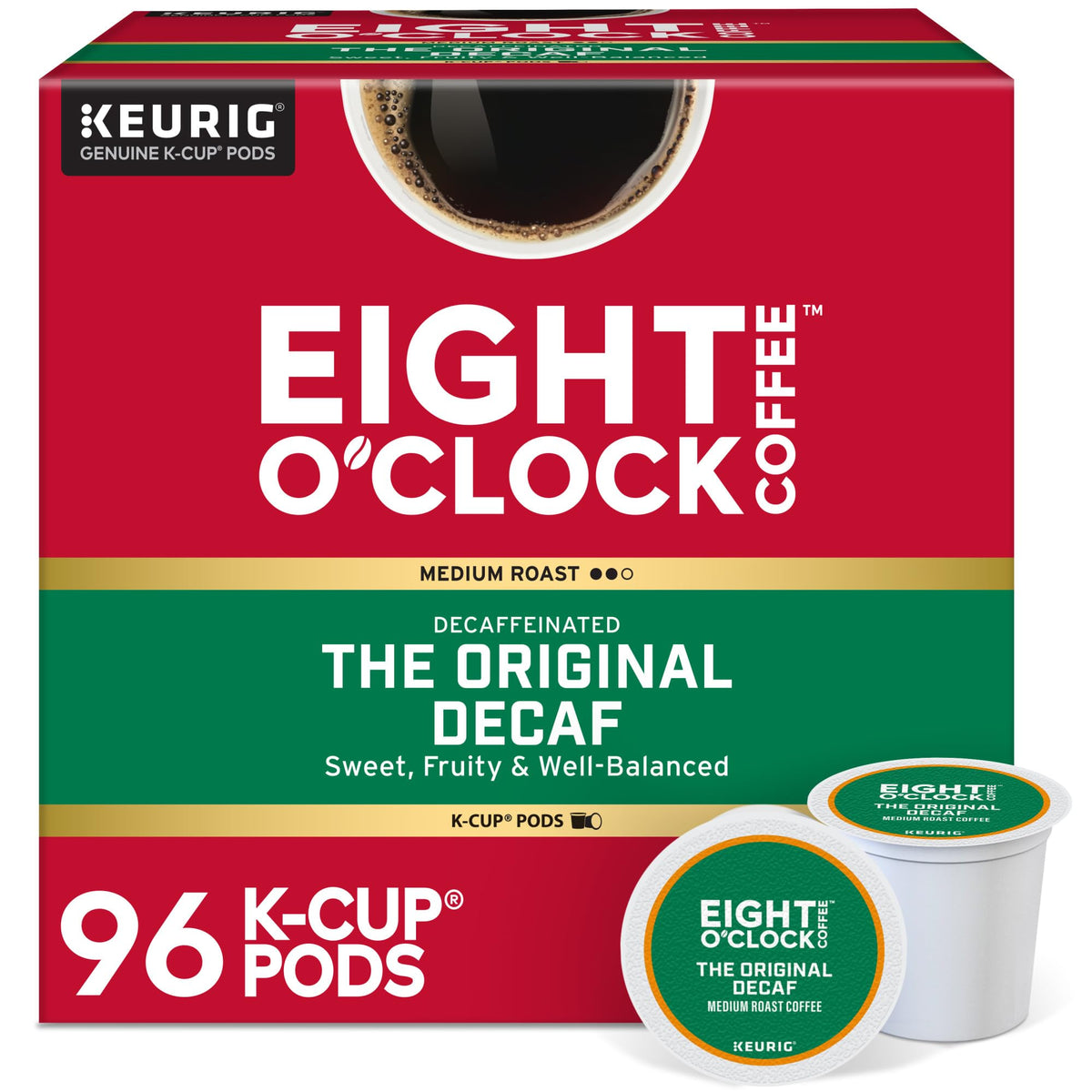 Eight O'Clock Coffee Original Decaf K-Cup pods ready for quick mornings with smooth flavor.