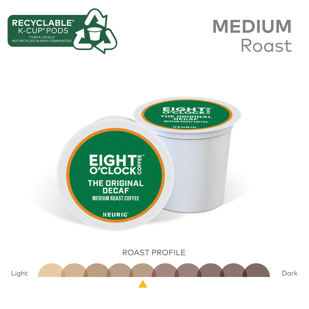 Eight O'Clock Coffee Original Decaf packaging shows convenient single-serve pods.