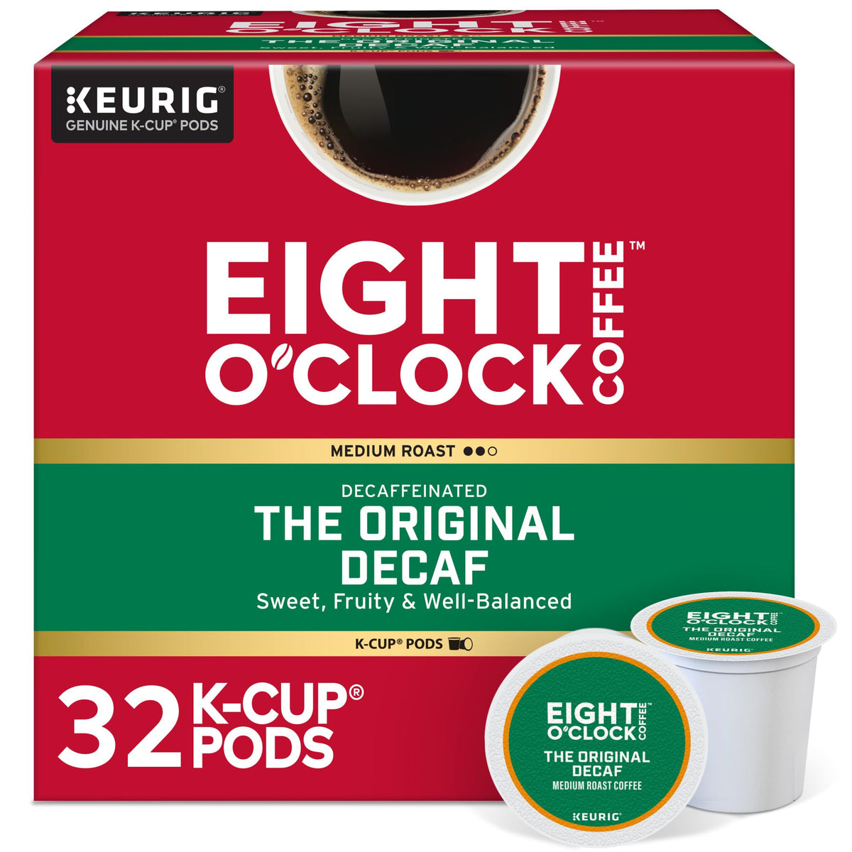 Eight O'Clock Coffee Original Decaf pod on a Keurig, for quick, smooth, caffeine-free brews.