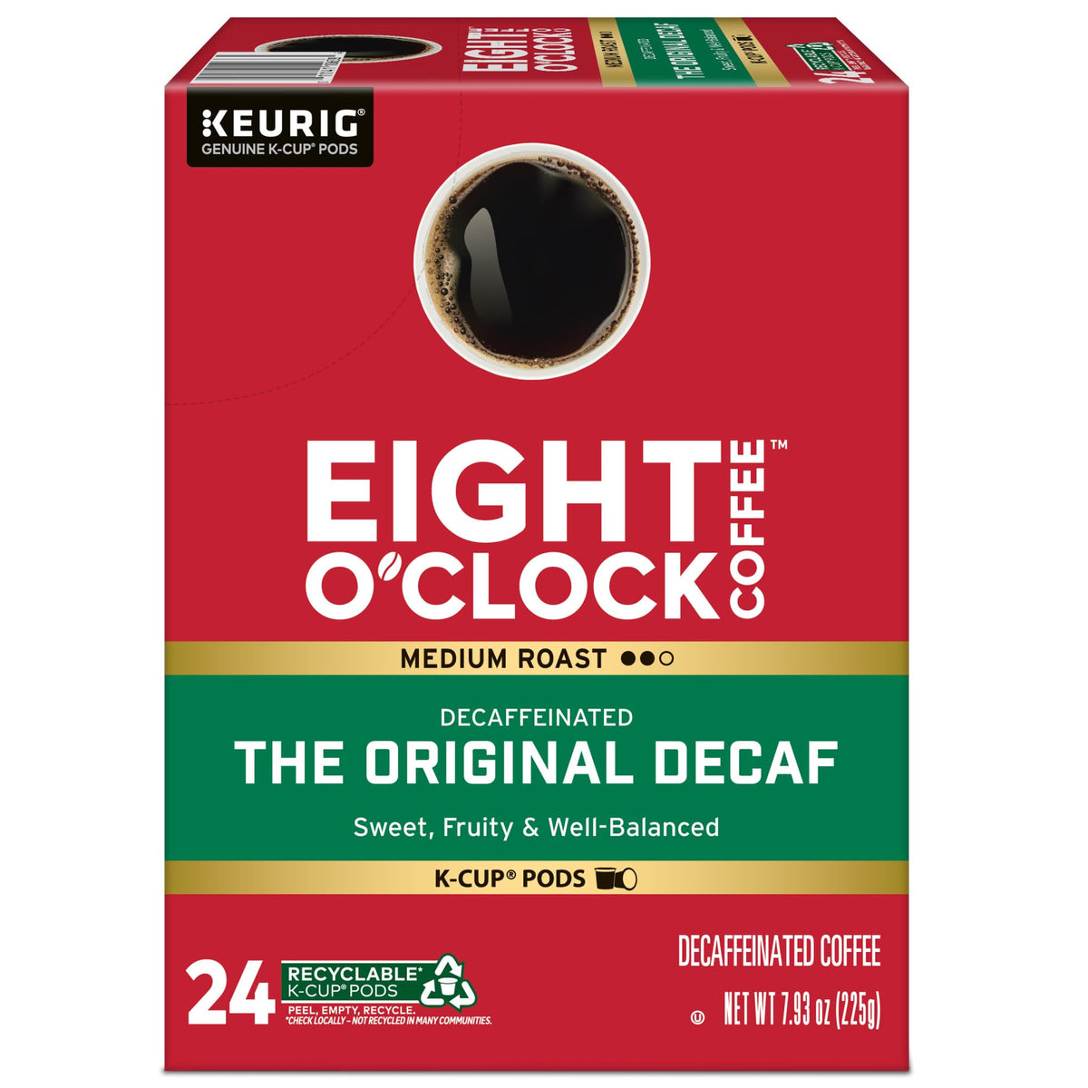 Eight O'Clock Coffee Original Decaf recyclable pods in a disposal-friendly context.