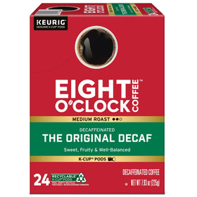 Eight O'Clock Coffee Original Decaf recyclable pods in a disposal-friendly context.