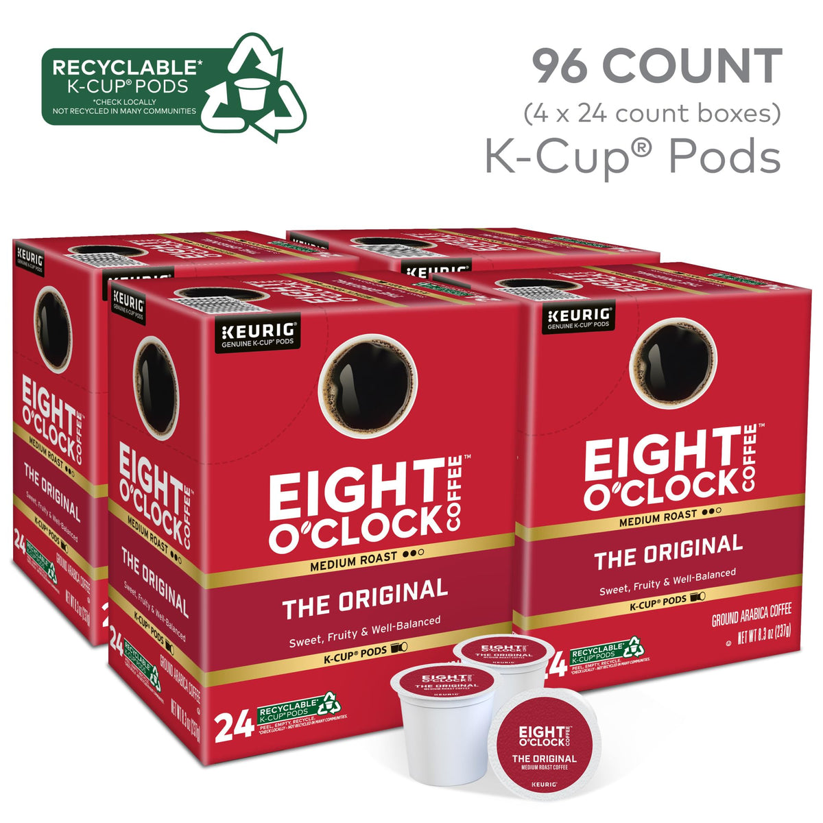 Eight O'Clock Coffee Original medium-roast pods closeup highlights premium Arabica flavor.