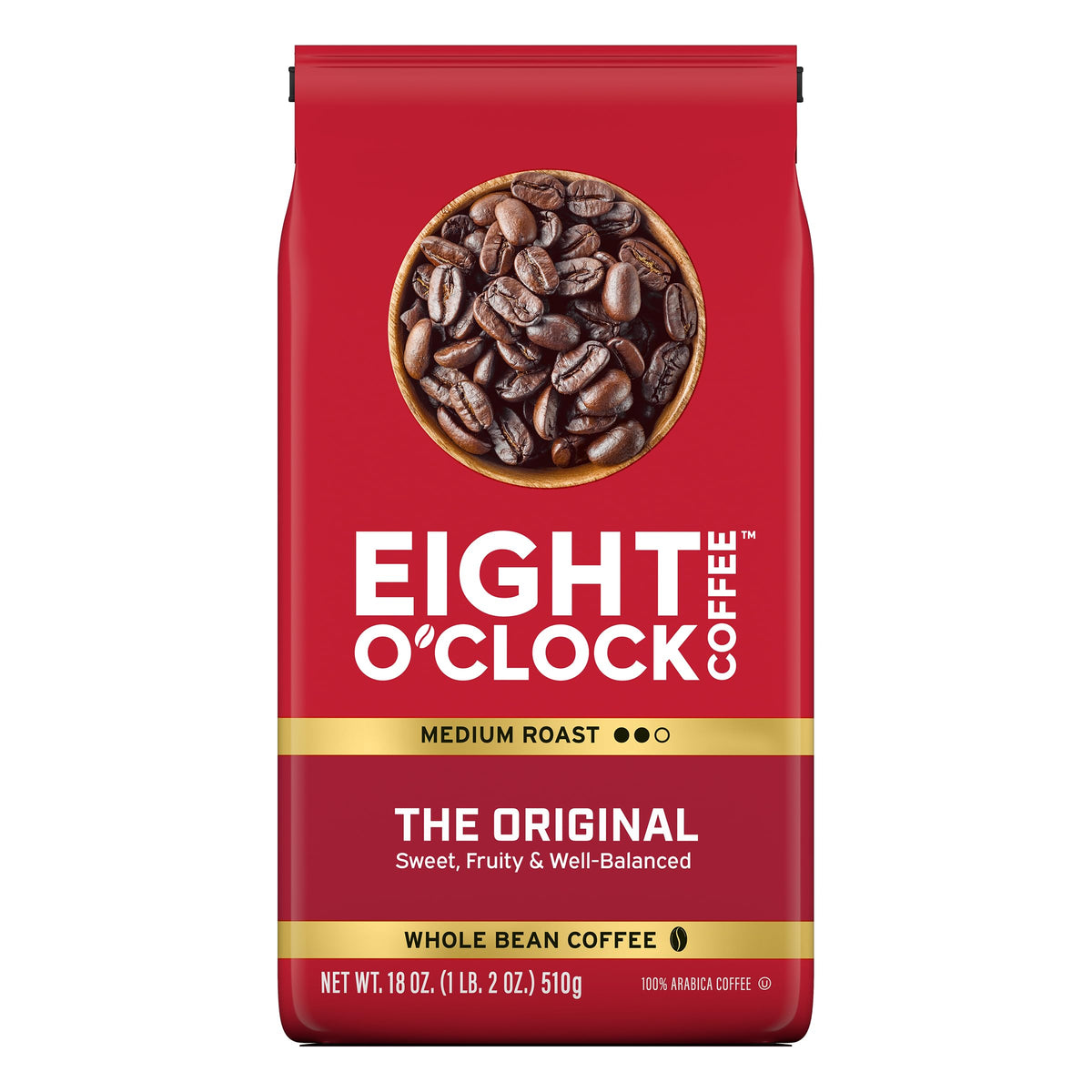 Eight O'Clock Coffee Original medium roast whole bean—rich aroma for a smooth morning.