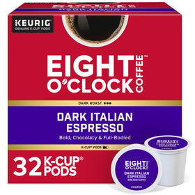 Eight O'Clock Dark Italian Espresso pod close-up, bold flavor for quick brew.