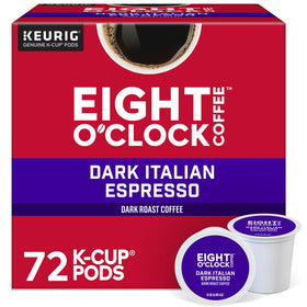 Eight O'Clock Dark Italian Roast K-Cup pod delivers bold, espresso-ready flavor.
