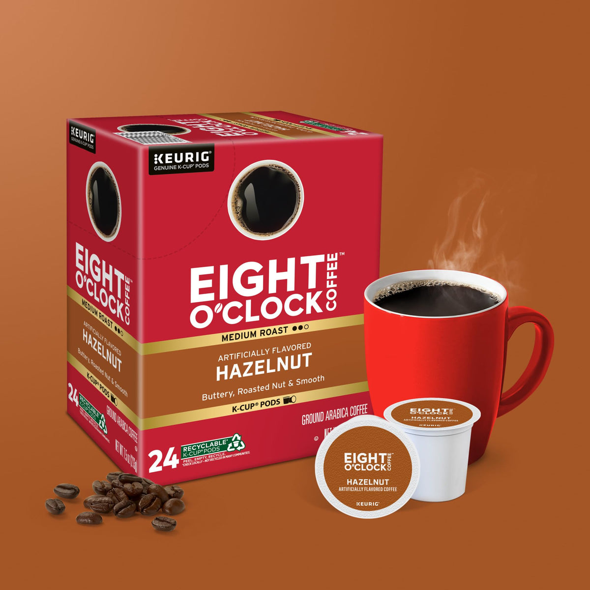 Boxed display of Eight O'Clock Hazelnut 96-count pods for family use