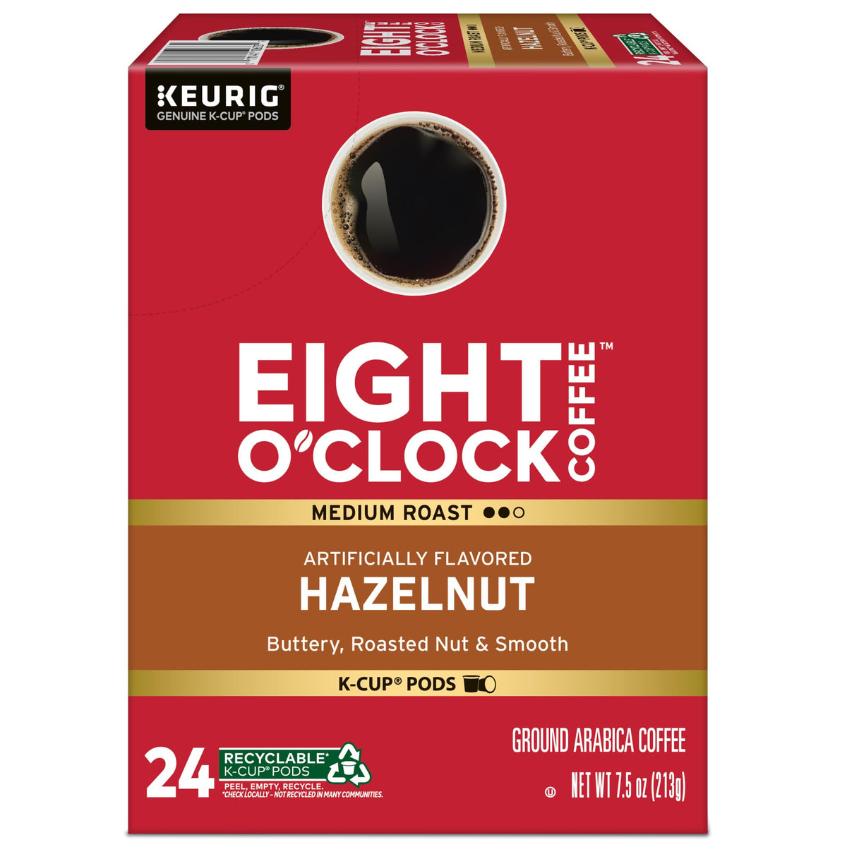 Creamy hazelnut crema in a hot Eight O'Clock coffee cup