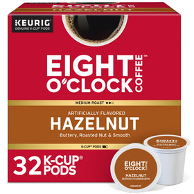 Eight O'Clock Hazelnut K-Cup pod in box front for quick, flavorful mornings.