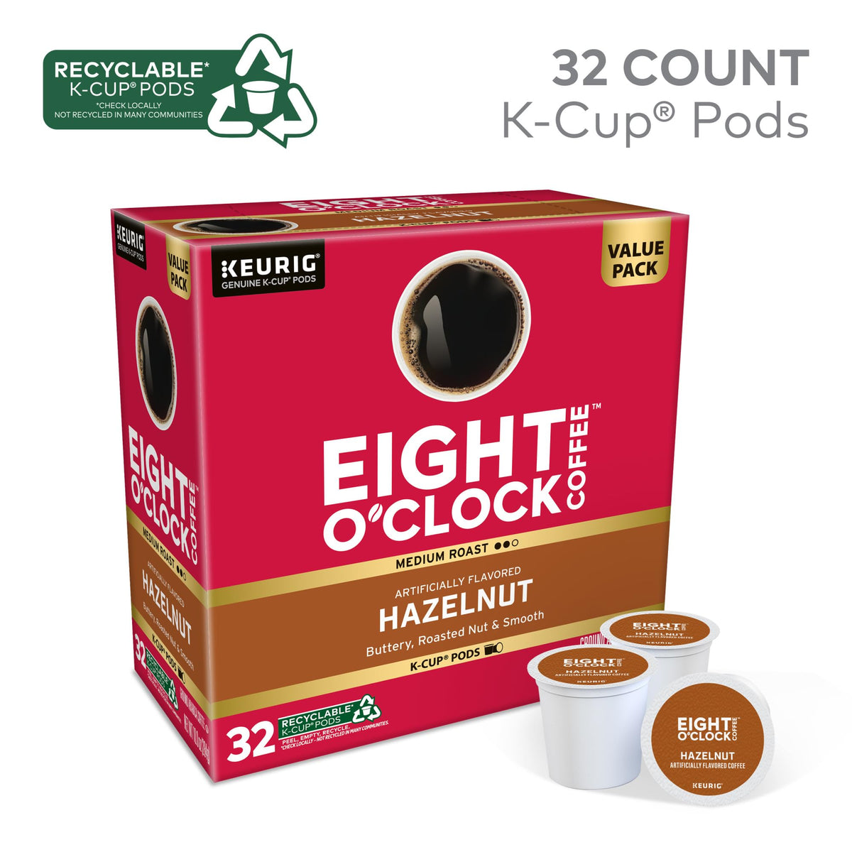 Eight O'Clock Hazelnut K-Cup with steaming mug conveys inviting aroma.