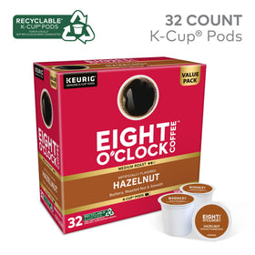 Eight O'Clock Hazelnut K-Cup with steaming mug conveys inviting aroma.