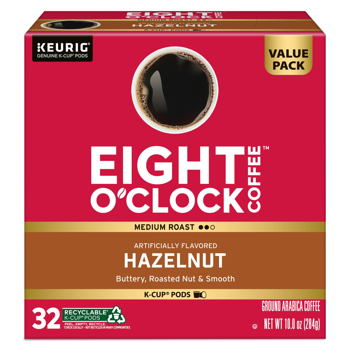 Steam rise from cup and Eight O'Clock Hazelnut K-Cup evokes cozy ritual.