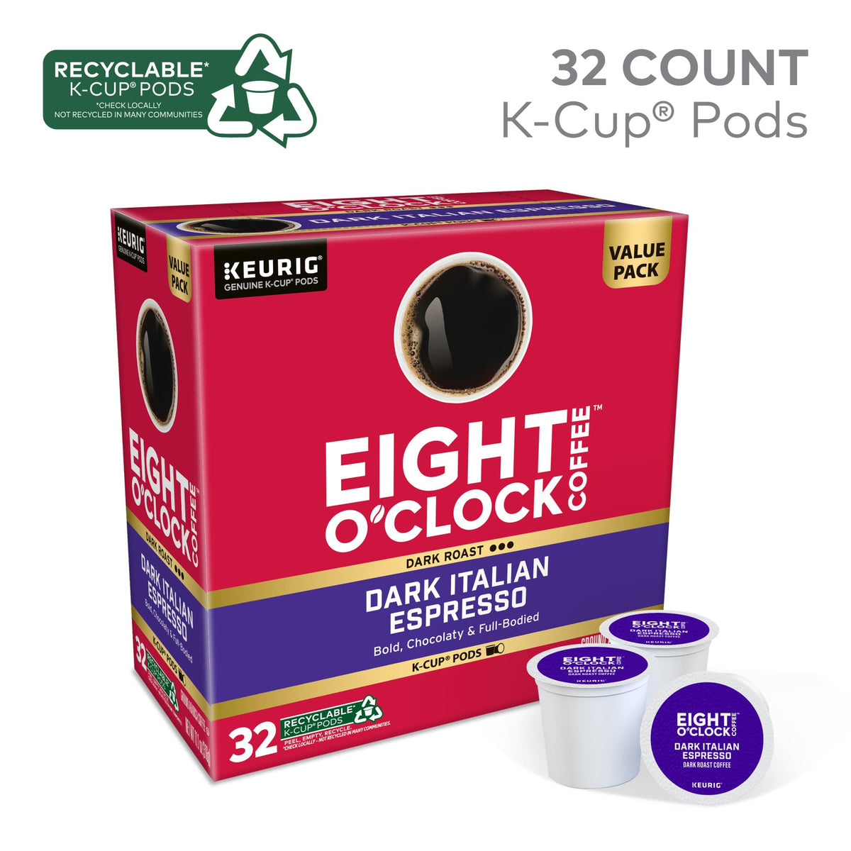 Eight O'Clock K-Cup pods on a shelf show Keurig compatibility.