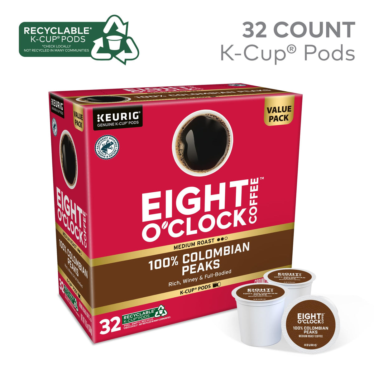 Box image showing Eight O'Clock Colombian Peaks 32-count packaging.