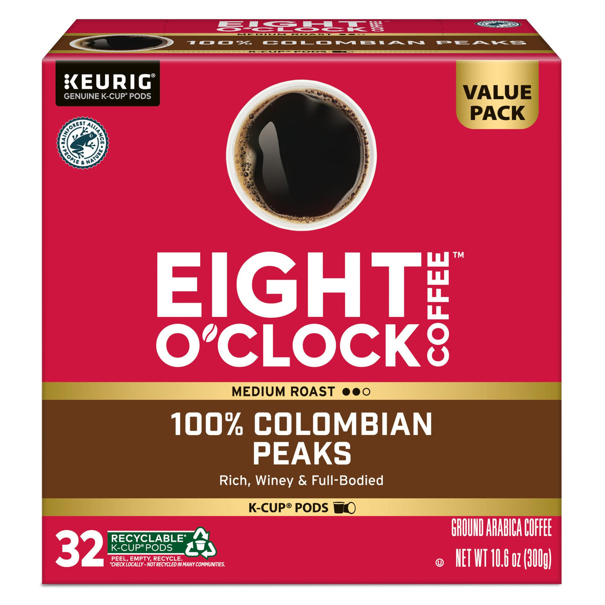 Convenient single-serve cup from Eight O'Clock for on-demand coffee.
