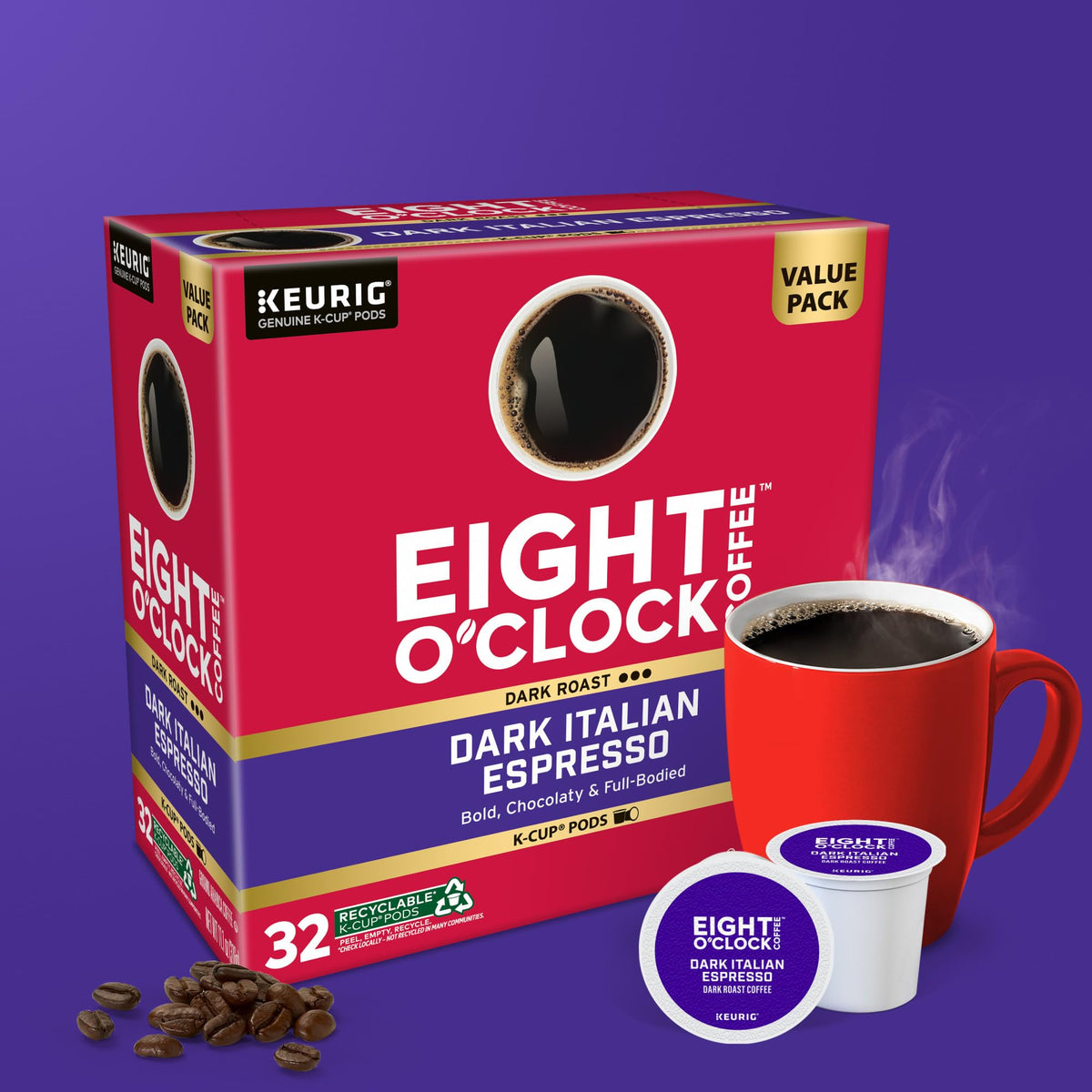 Steamed crema and rich aroma from Eight O'Clock espresso in a cup.