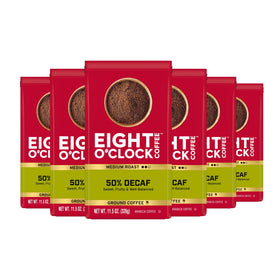 Eight O'Clock Coffee halfcaf ground coffee in a pack offering balanced caffeine.