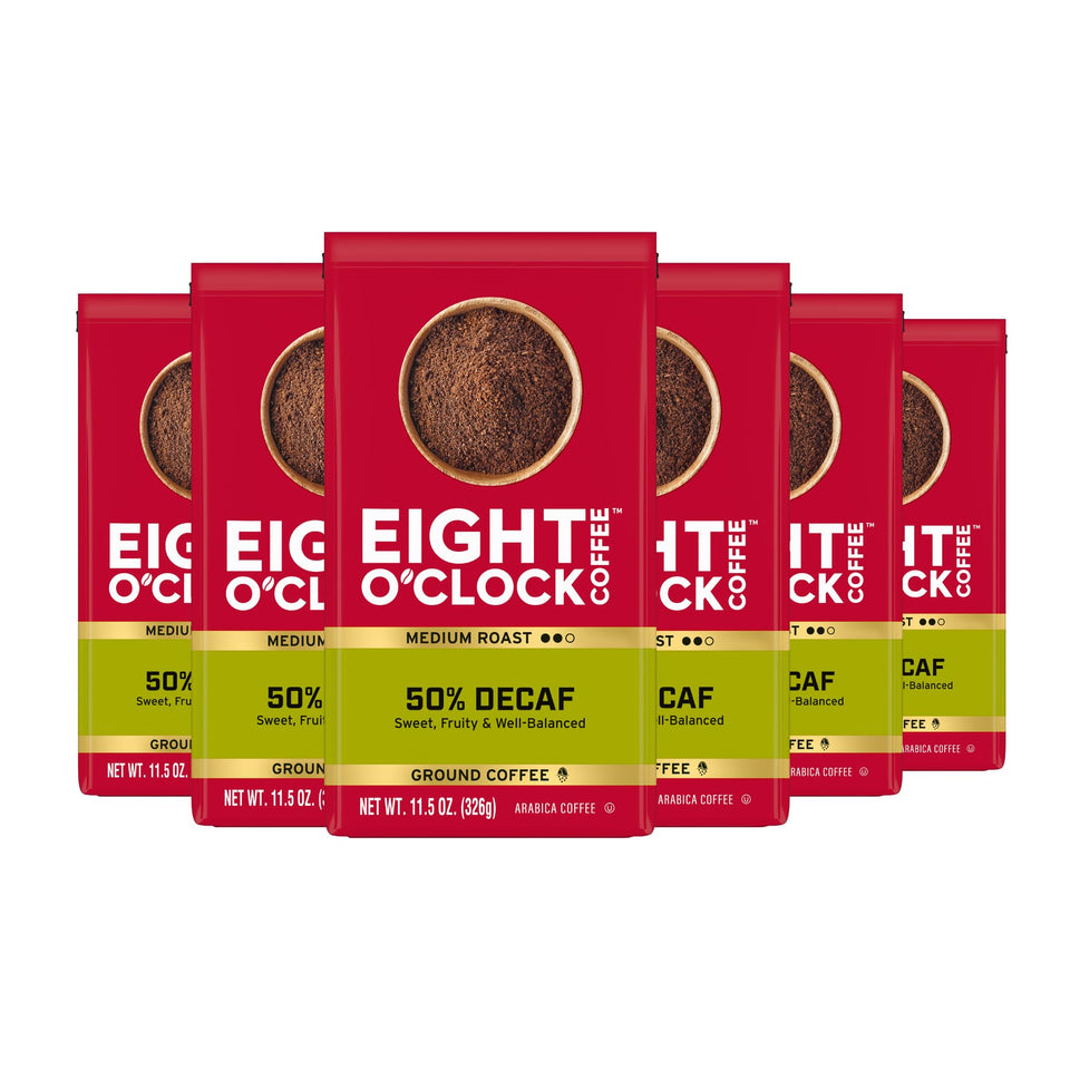 Eight O'Clock Coffee halfcaf ground coffee in a pack offering balanced caffeine.