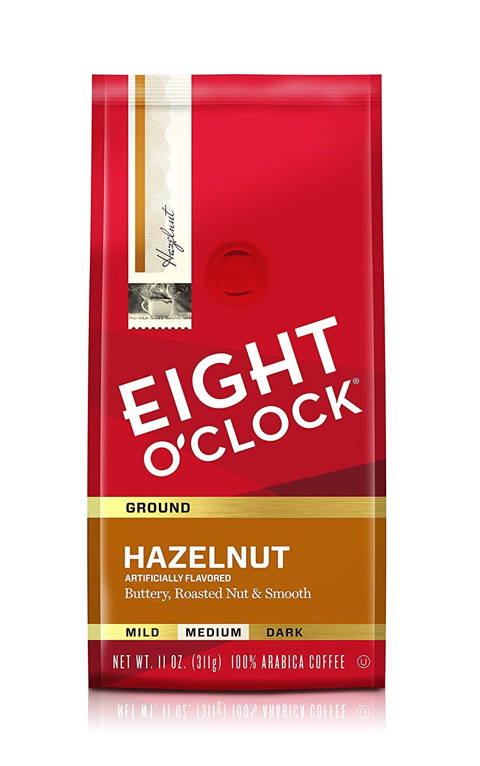 Eight O'Clock Hazelnut ground coffee pack with rich aroma.