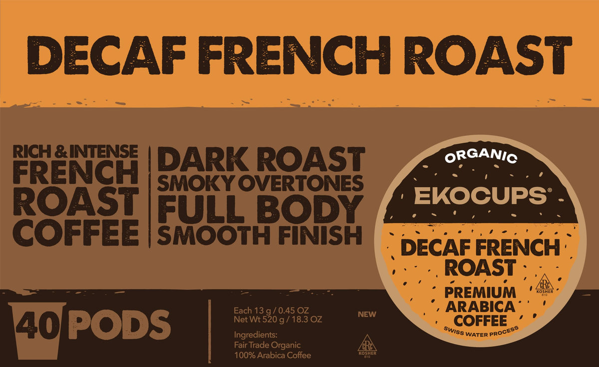 EKOCUPS French Roast decaf aroma suggesting bold flavor with low acidity