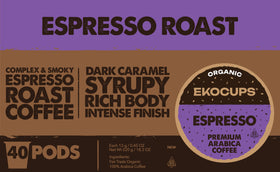 EKOCUPS Organic Espresso Roast pods close-up with organic and fair trade label.