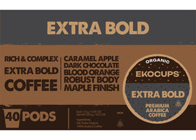 EKOCUPS Organic Extra Bold Roast pods closeup highlighting rich color and texture.