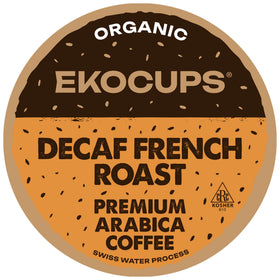 EKOCUPS organic Swiss Water decaf French Roast pod closeup showing rich color and depth