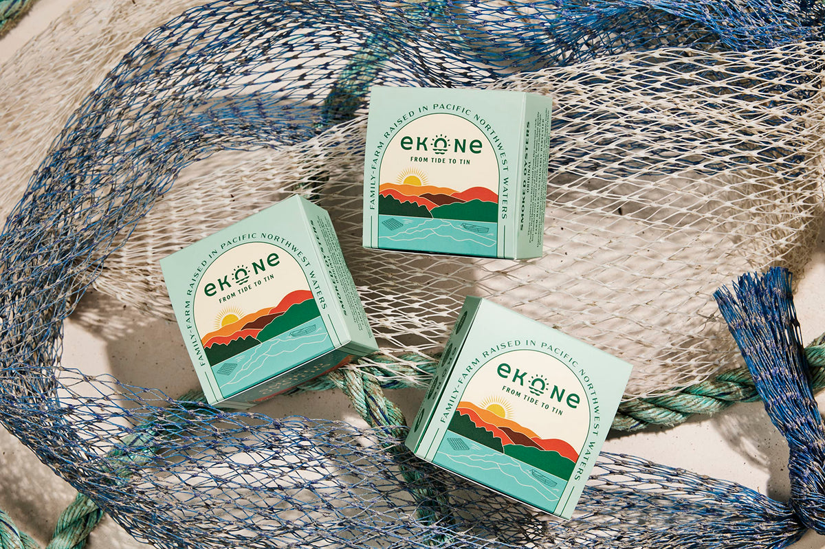 Ekone Original smoked oysters six-pack packaging, shelf-stable and ready to enjoy.