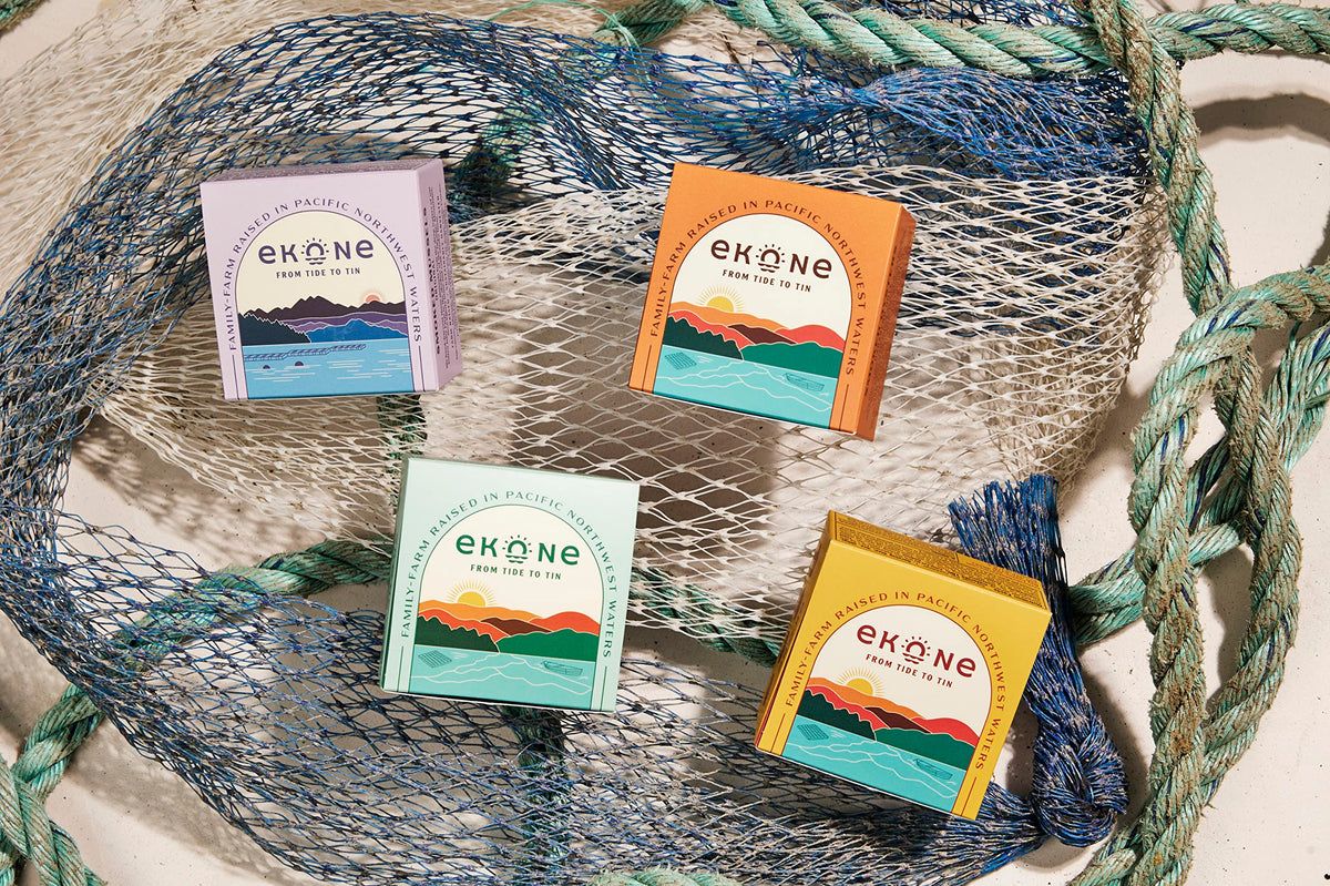 Ekone Willapa Bay smoked seafood tin produced in the USA.