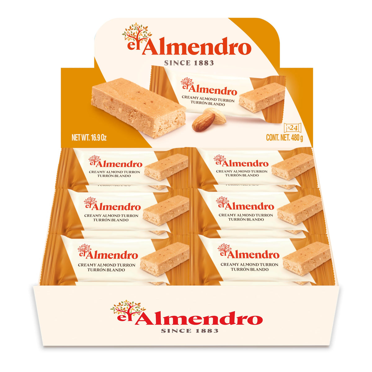 El Almendro Creamy Almond Turron wrapper display highlighting premium ingredients.