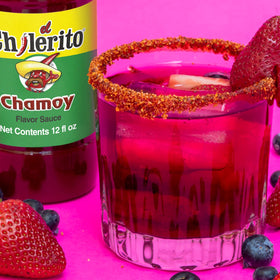El Chilerito Chamoy Sauce 5L jug ingredients close-up shows natural fruit notes.
