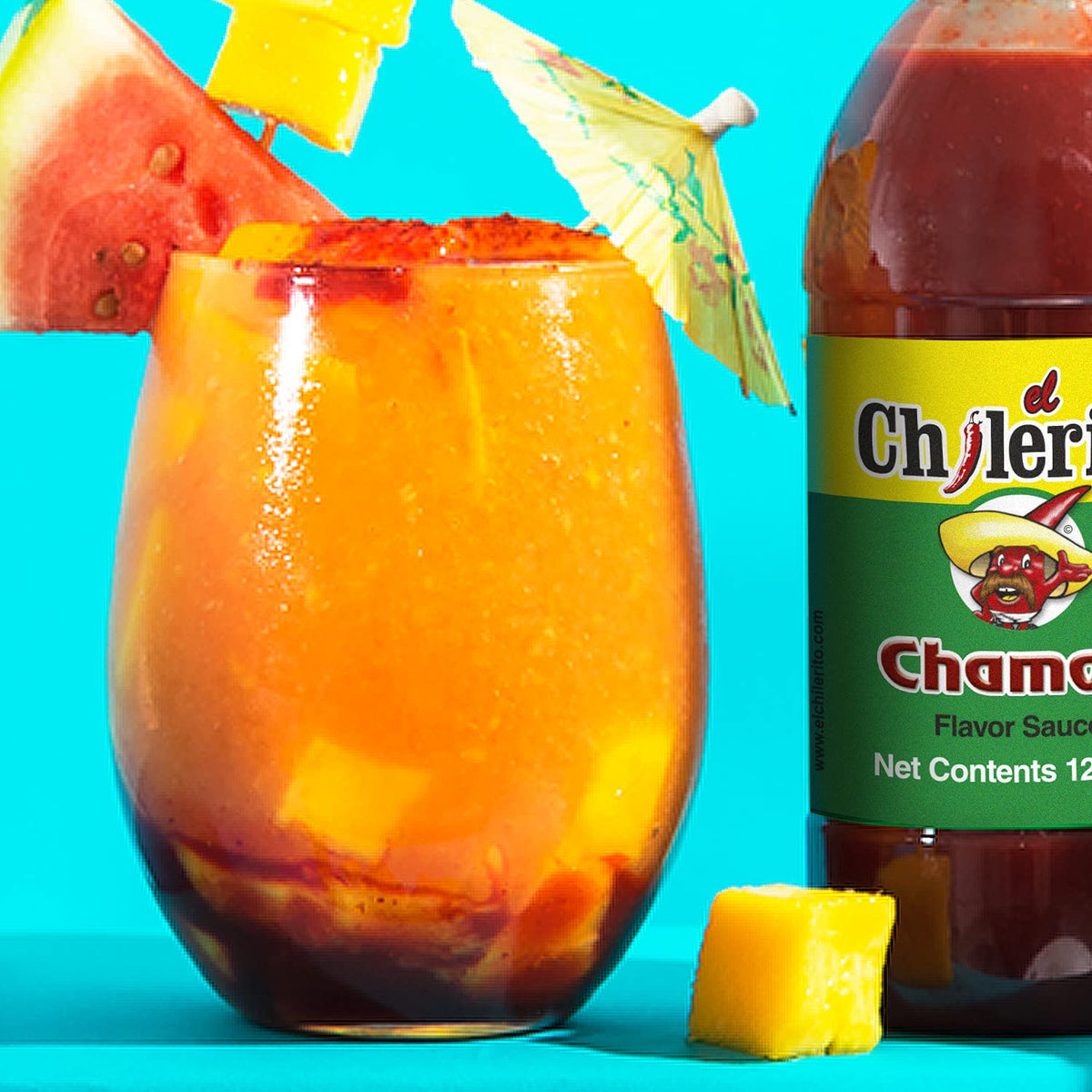 El Chilerito Chamoy Sauce 5L jug on glass for michelada rim.
