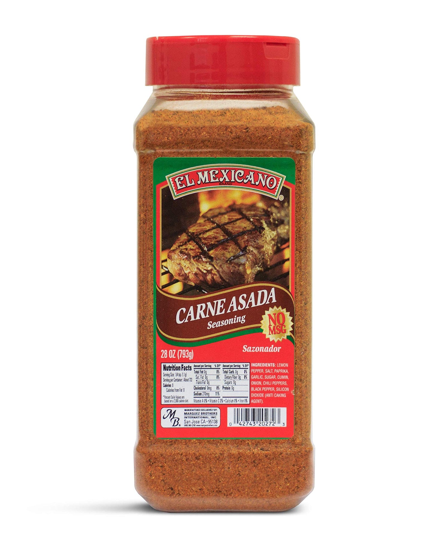 El Mexicano Carne Asada Seasoning jar front label boosts bold flavor for grilling
