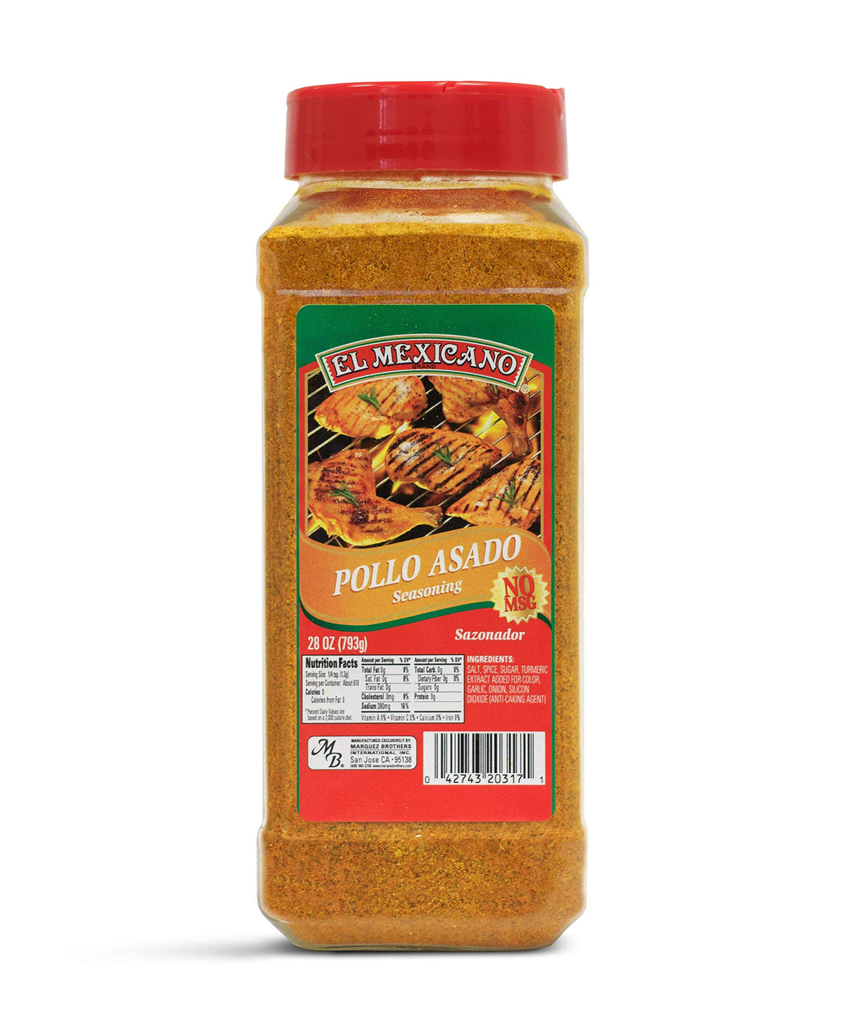 El Mexicano roasted chicken seasoning bottle adds bold aroma and rich flavor to poultry.