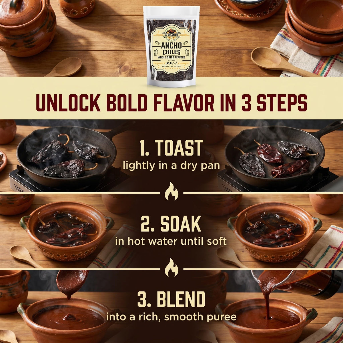 El Molcajete ancho chile packaging preserves fresh aroma and eases cooking prep.