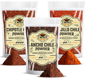 El Molcajete ancho chile powder bag showing mild, chocolatey notes for rich sauces.
